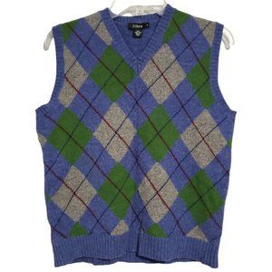 J Crew Sweater Vest Men's Med Blue Argyle Lamb's Wool Pullover Academia Pullover